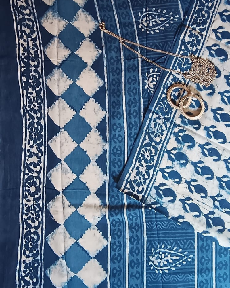 White & Blue Handloom Cotton Hand block print Saree