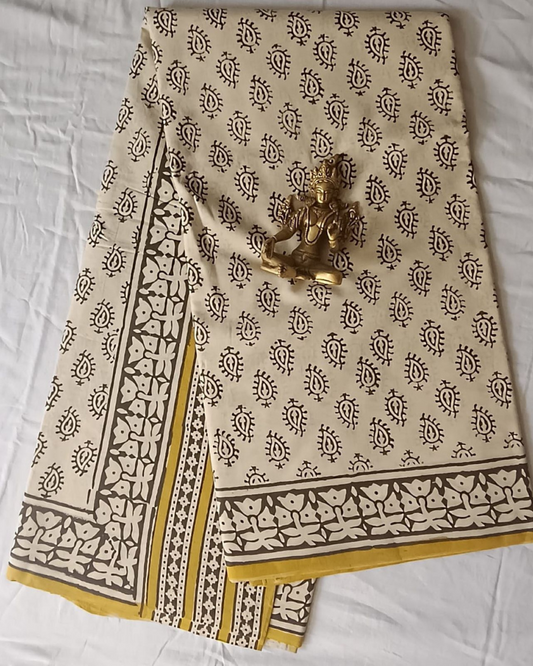 White & Black Handloom Cotton Hand block print Saree